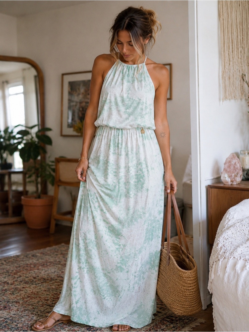 Spiritual Gangster Tie Dye Halter Maxi Dress Mint Green White L